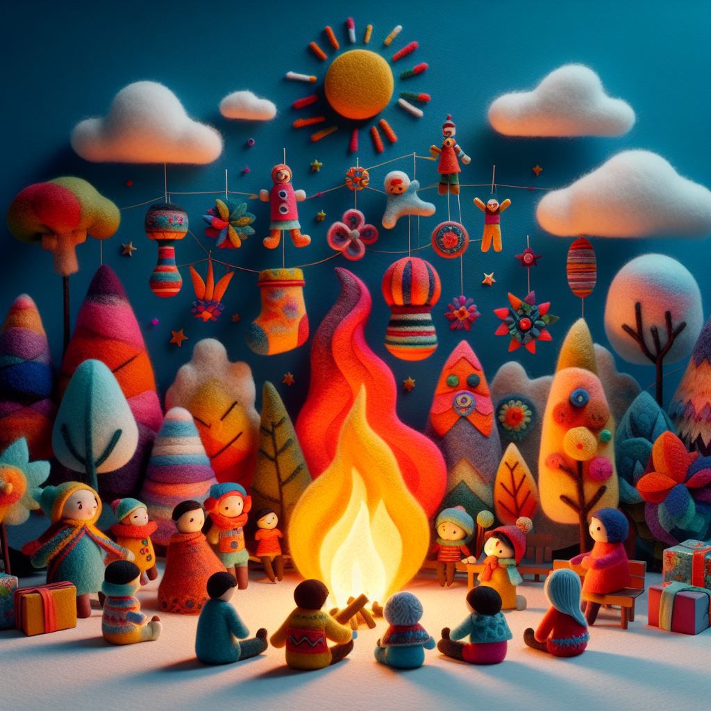 abstract surrealism minimal felt cloth sewn art, 3d animated, colorful, octane render abstract, ecuador, a theatre backdrop new year holiday scene, ecuadorian puppets in foreground, Ecuador Año Viejo holiday celebration, family around a holiday fire outside with Ecuadorian puppets capturing the magic of childhood, Latin American art, fine art Resolution 1024x1024 - CuteWallpaperHD.com