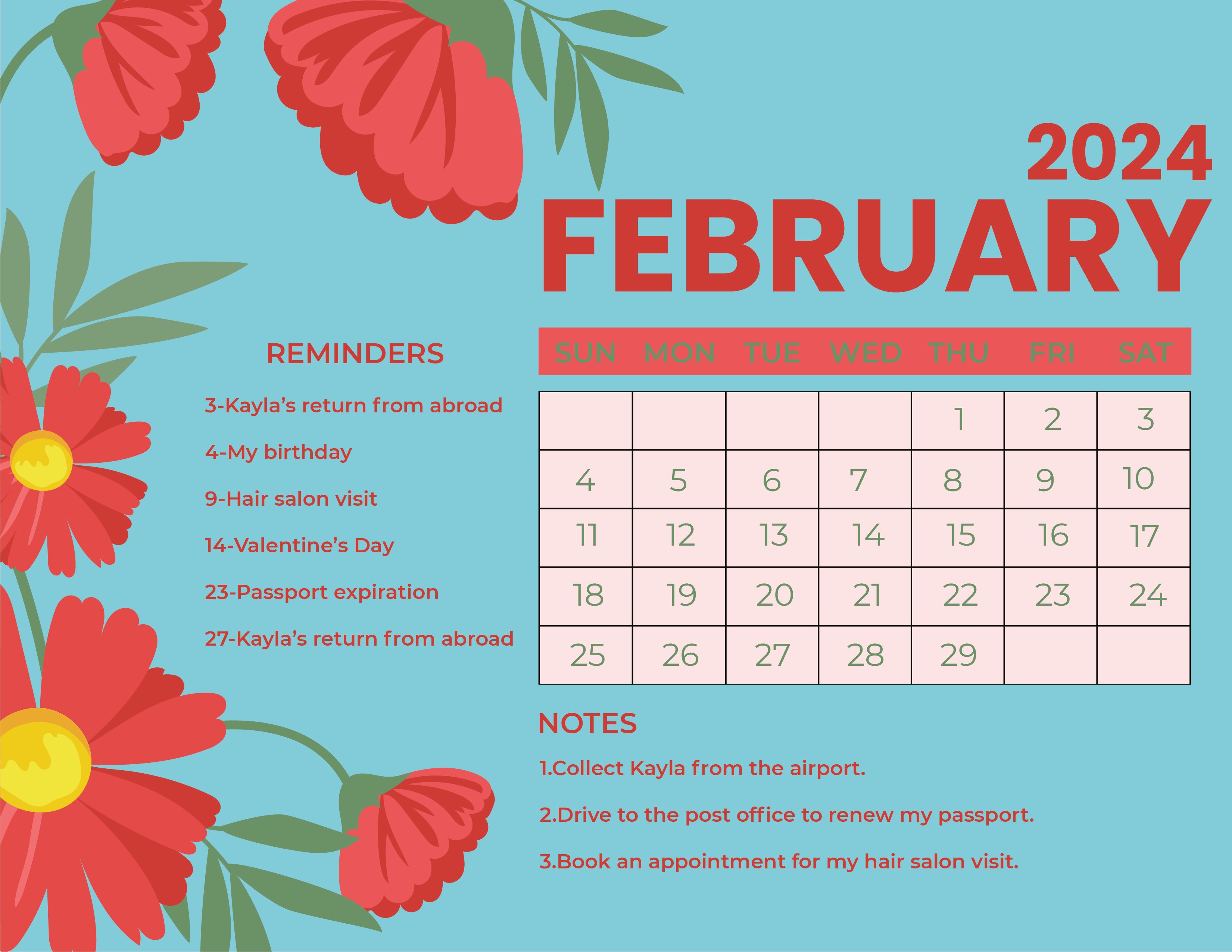 Floral February 2024 Calendar in Word, Illustrator, EPS, SVG, JPG