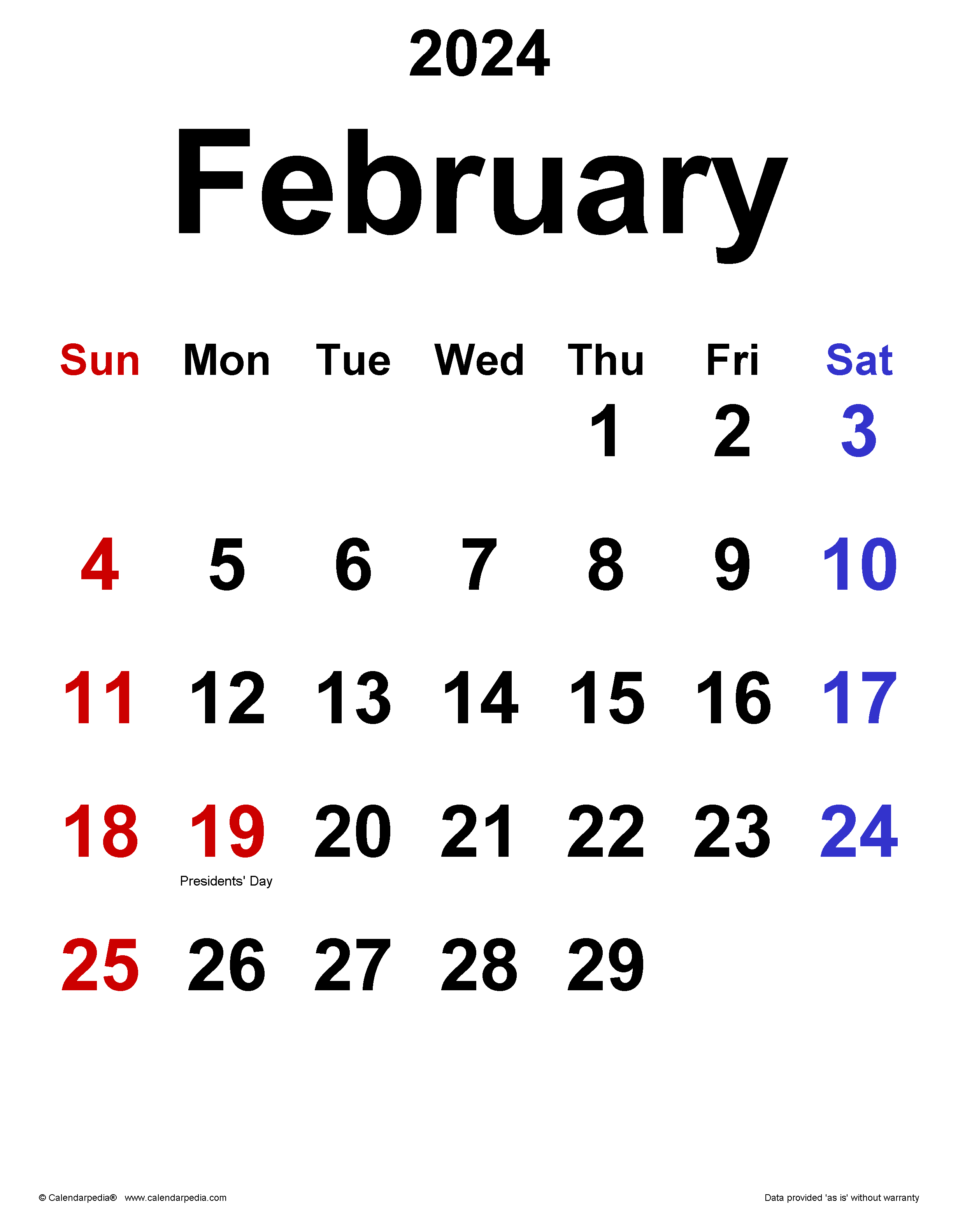 February 2024 Calendar. for Word, Excel